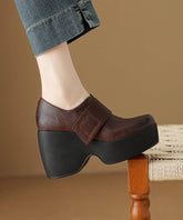 Brown Wedge Heels Platform Cowhide Leather Splicing