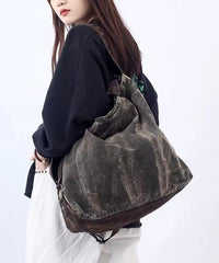 Casual Large Capacity Coffee Calf Leather Patchwork Canvas Satchel Bag Handbag