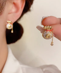 Copper 14K Gold Zircon Blessing Bag Tassel Stud Earrings