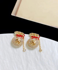 Copper 14K Gold Zircon Blessing Bag Tassel Stud Earrings
