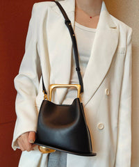 Classy Black Asymmetric Design Calf Leather Satchel Handbag