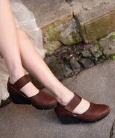 Coffee Heels Strap Buckle Splicing Sandals Leather Cowhide Wedge