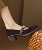 Strap Suede Buckle Chunky Heel Comfortable Brown Splicing