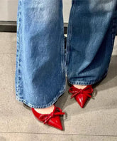 Bow Elegant High Heels Leather Red Splicing Stiletto Faux