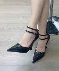 Black Splicing Buckle Strap Wedge Sandals Pointed Toe