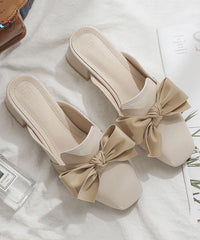 Bow Splicing Chunky Heel Beige Faux Leather