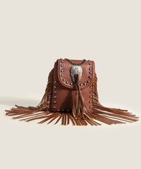Fashion Brown Tasseled Rivet Faux Leather Messenger Bag