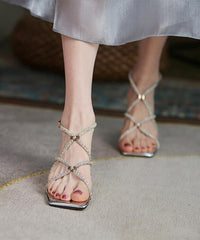 Cowhide Leather Zircon Splicing Sandals Peep Toe