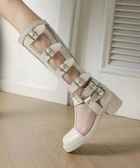 Splicing Chunky Hollow Out Breathable Boots Beige Genuine Leather