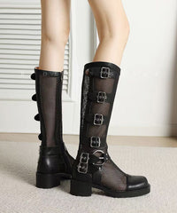 Splicing Chunky Hollow Out Breathable Boots Beige Genuine Leather