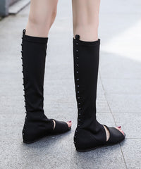 Splicing Long Boots Black Peep Toe Elastic Fabric