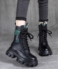 Splicing Platform Boots Black Cowhide Leather Lace Up
