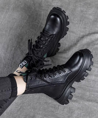 Splicing Platform Boots Black Cowhide Leather Lace Up