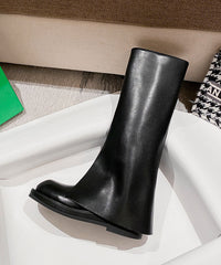 Splicing Platform Boots Black Cowhide Leather