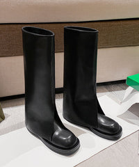 Splicing Platform Boots Black Cowhide Leather