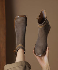 Zippered Splicing Chunky Boots Khaki Cowhide Leather