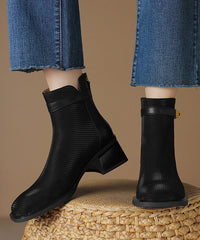 Zippered Splicing Chunky Boots Khaki Cowhide Leather