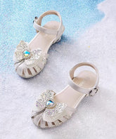 Silver Fitted Leather Girls Buckle Sandals Strap Kids Zircon Faux