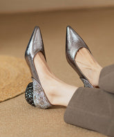 Pointed Silver Toe Heel Faux Chunky Brown Splicing Fitted Leather