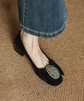 Splicing French Heel Black Bow Chunky Suede Zircon Shoes