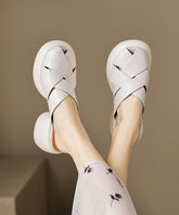 Leather Slide Sandals Splicing French Cowhide Platform White