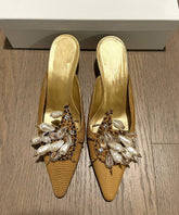 Bead French Slide Pointed Sandals Decorated Toe Golden