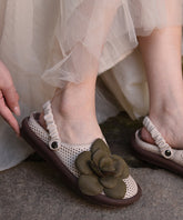 Hollow Green Leather Cowhide Flat Comfy Out Sandals Floral