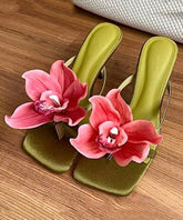 Sandals Handmade Slide Splicing Heels High Floral Green