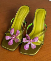 Toe Slide Floral Heels High Peep Green Sandals Splicing