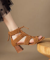 Hollow Brown Lace Out Sandals Chunky Splicing Handmade Boots Up
