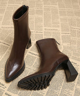 Handmade Cowhide Chunky Boots Leather Brown Splicing Heels