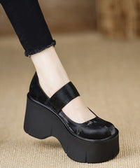 Handmade Vintage Buckle Strap Splicing Wedge High Heels Black Silk