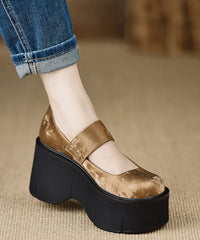 Handmade Vintage Buckle Strap Splicing Wedge High Heels Black Silk