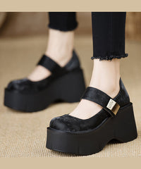 Handmade Vintage Buckle Strap Splicing Wedge High Heels Black Silk