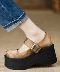 Handmade Vintage Buckle Strap Splicing Wedge High Heels Black Silk