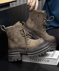 Khaki Chunky Faux Leather Splicing Lace Up Boots