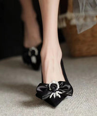 Black Classy Beaded Bow Suede High Heels