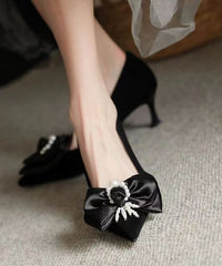 Black Classy Beaded Bow Suede High Heels