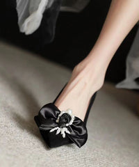 Black Classy Beaded Bow Suede High Heels