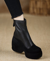 Black Sheepskin Splicing Zippered Wedge Boots