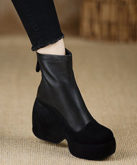 Black Sheepskin Splicing Zippered Wedge Boots