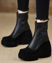 Black Sheepskin Splicing Zippered Wedge Boots