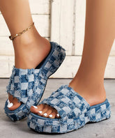Blue Platform Bottom Denim Tassel Checkered Slide Sandals