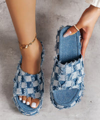 Blue Platform Bottom Denim Tassel Checkered Slide Sandals