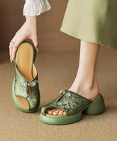 Chinese Style Green Embroidered Chunky Heel Slide Sandals