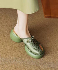 Chinese Style Green Embroidered Chunky Heel Slide Sandals