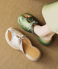 Chinese Style Green Embroidered Chunky Heel Slide Sandals