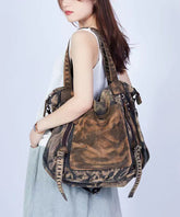 Coffee Large Capacity Cowhide Spliced Canvas Satchel Bag Handbag