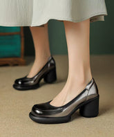 Dark Leather Heel Splicing High Cowhide Grey Heels Chunky