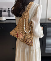 Khaki Hollow Out Beading Fashionable Weaving Satchel Bag Handbag